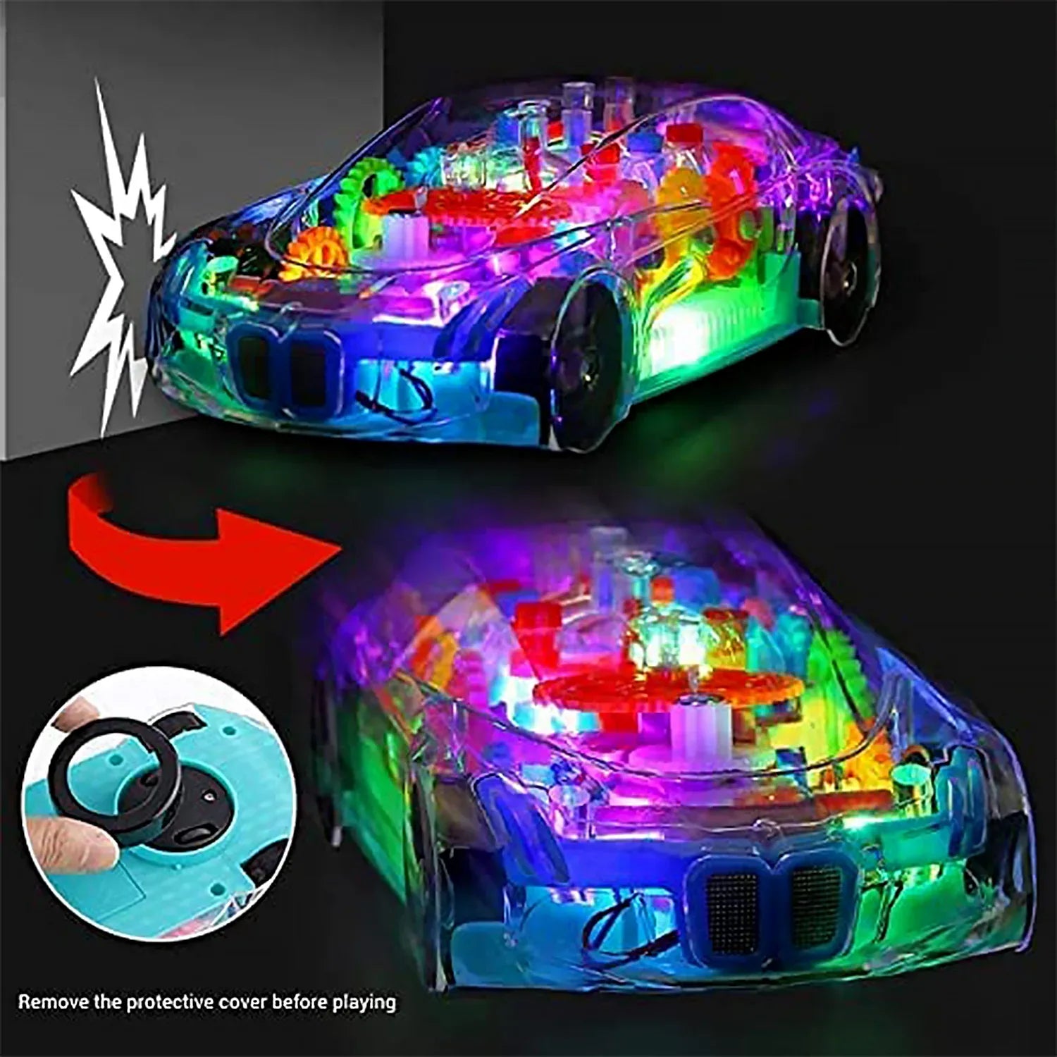 17793 Automatic 360 Degree Rotating Transparent Gear Concept Car With Musical And 3d Flashing Lights Toy For Kids Boys Girls (Multicolor Battery Not Included) - Zidbik