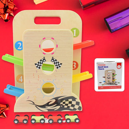 Wooden Ramp Racer Race Track Vehicle Play Sets With 4 Mini Racers (With Handle) - Zidbik