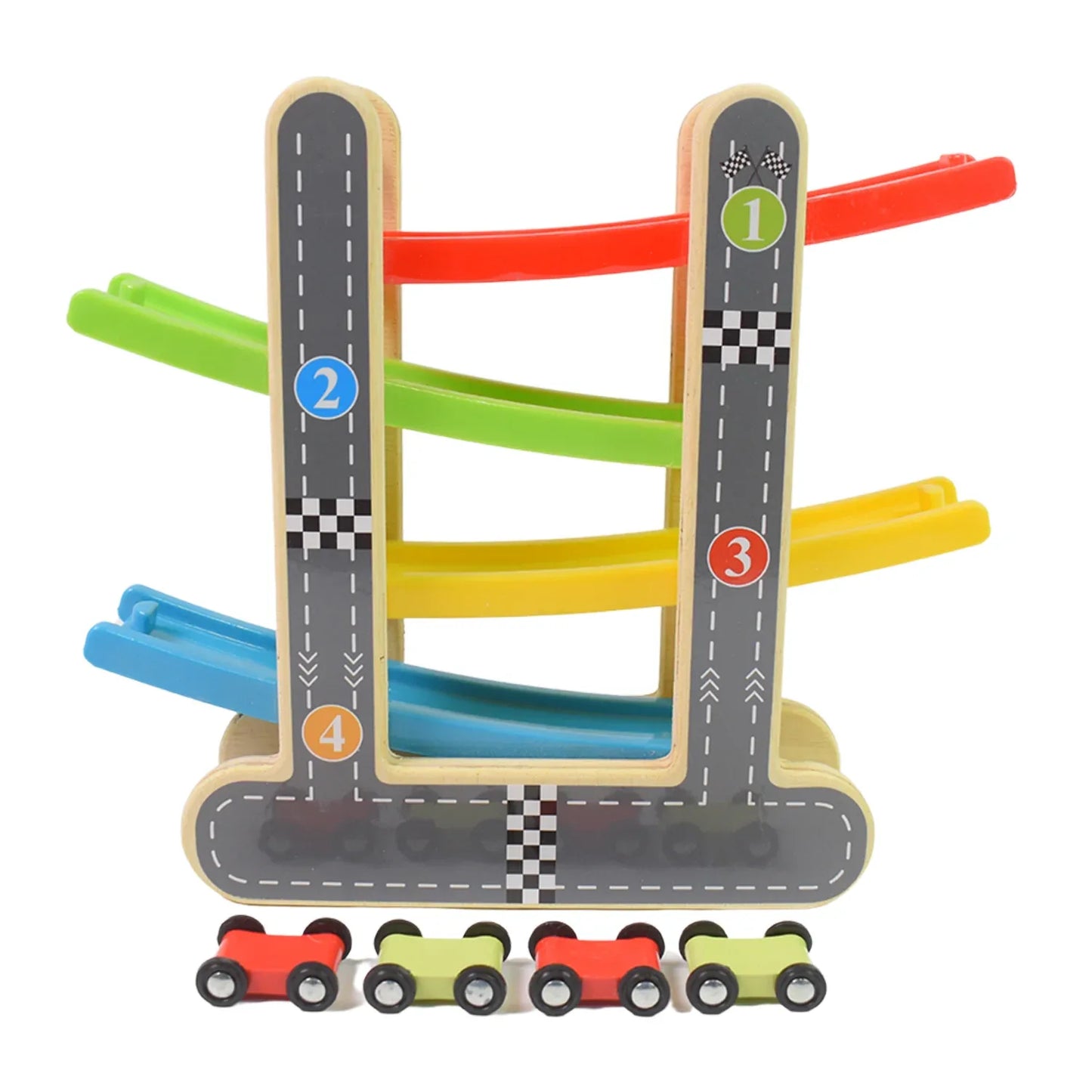 Car Racer Track Play Set Wooden Click Clack Toys With 4 Mini Racers (1 Set) - Zidbik