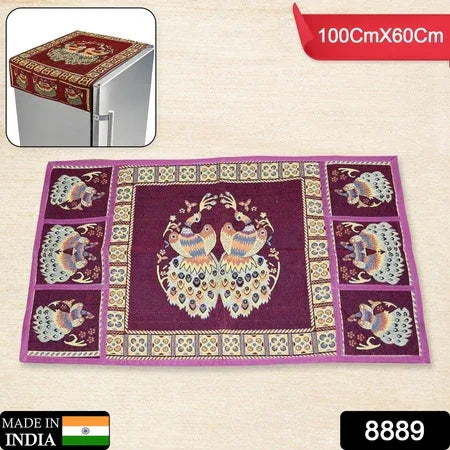 8889 Cotton Fridge Top Cover Set - Standard Appliance Covers Fridge Dustproof Cover With Peacock Deign 6 Utility Side Pockets Fridge Cover For All Types Fridge Refrigerator Use (100x60cm) - Zidbik