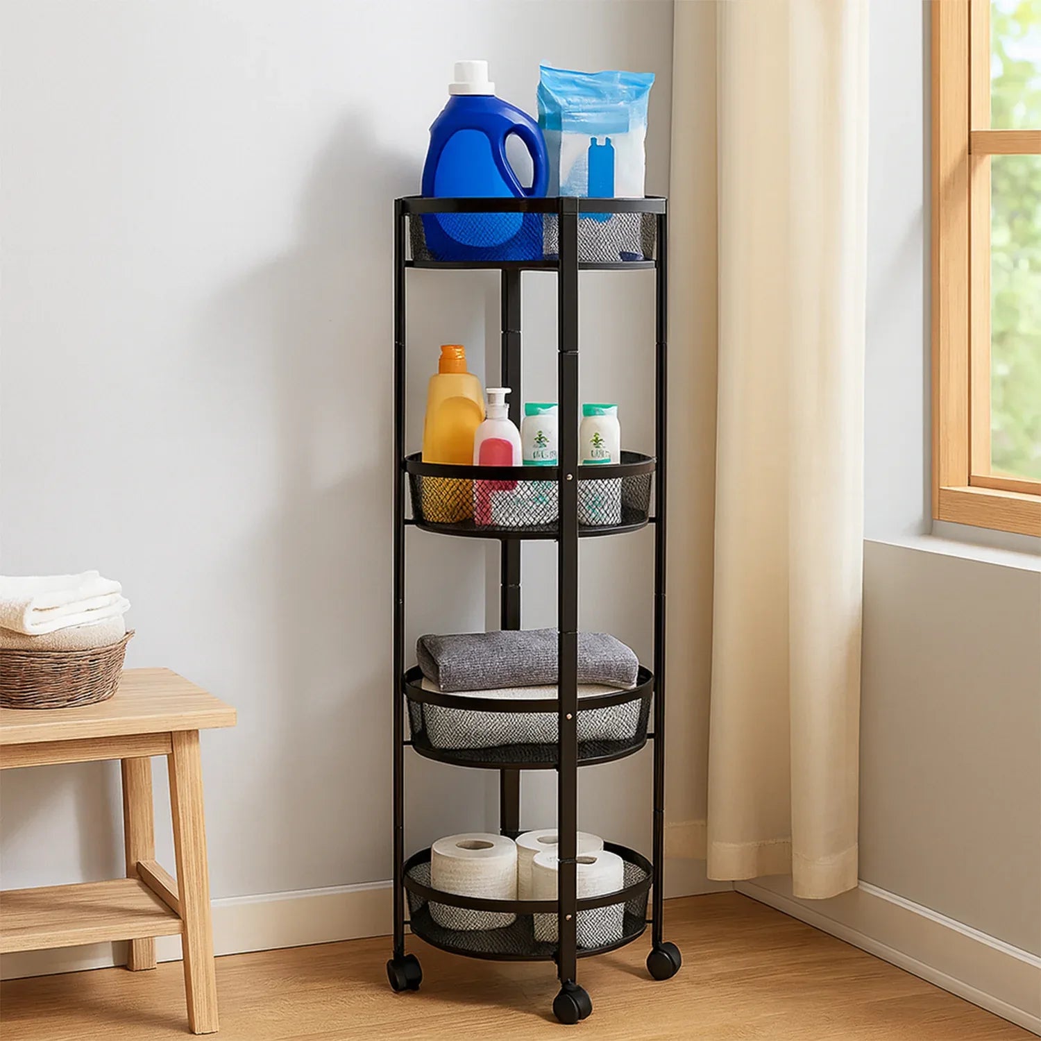 4-layer Round Metal Mesh Storage Organizer Rack With Wheels (1 Pc) - Zidbik