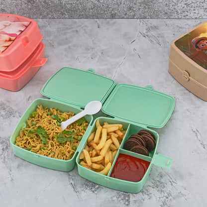 5787 Double-layer Square Lunch Box With Spoon 4 Compartment Tiffin Push Lock Plastic Tiffin Box For Travelling School Kids Office Exclusive Home - Zidbik