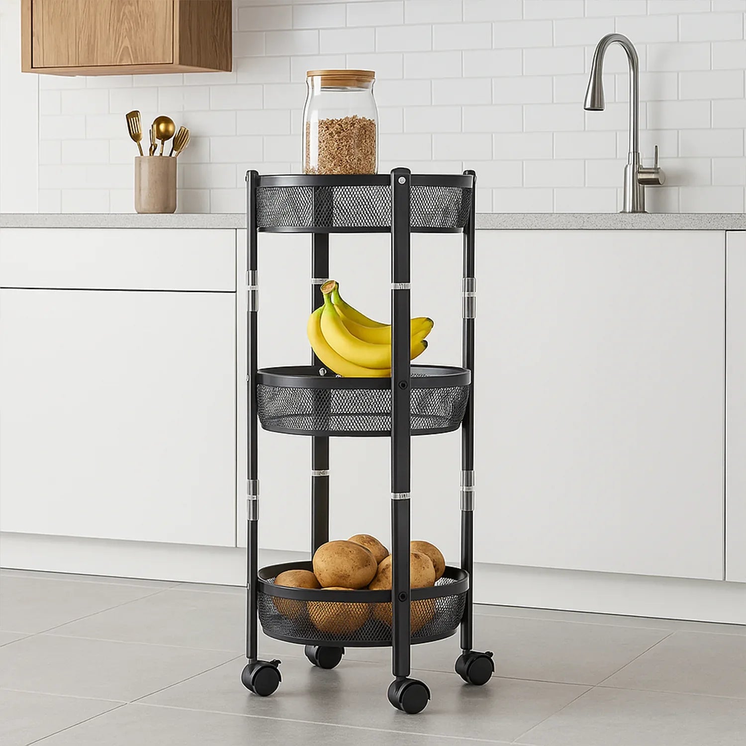 3-layer Round Metal Mesh Utility Storage Trolley With Wheels - Zidbik