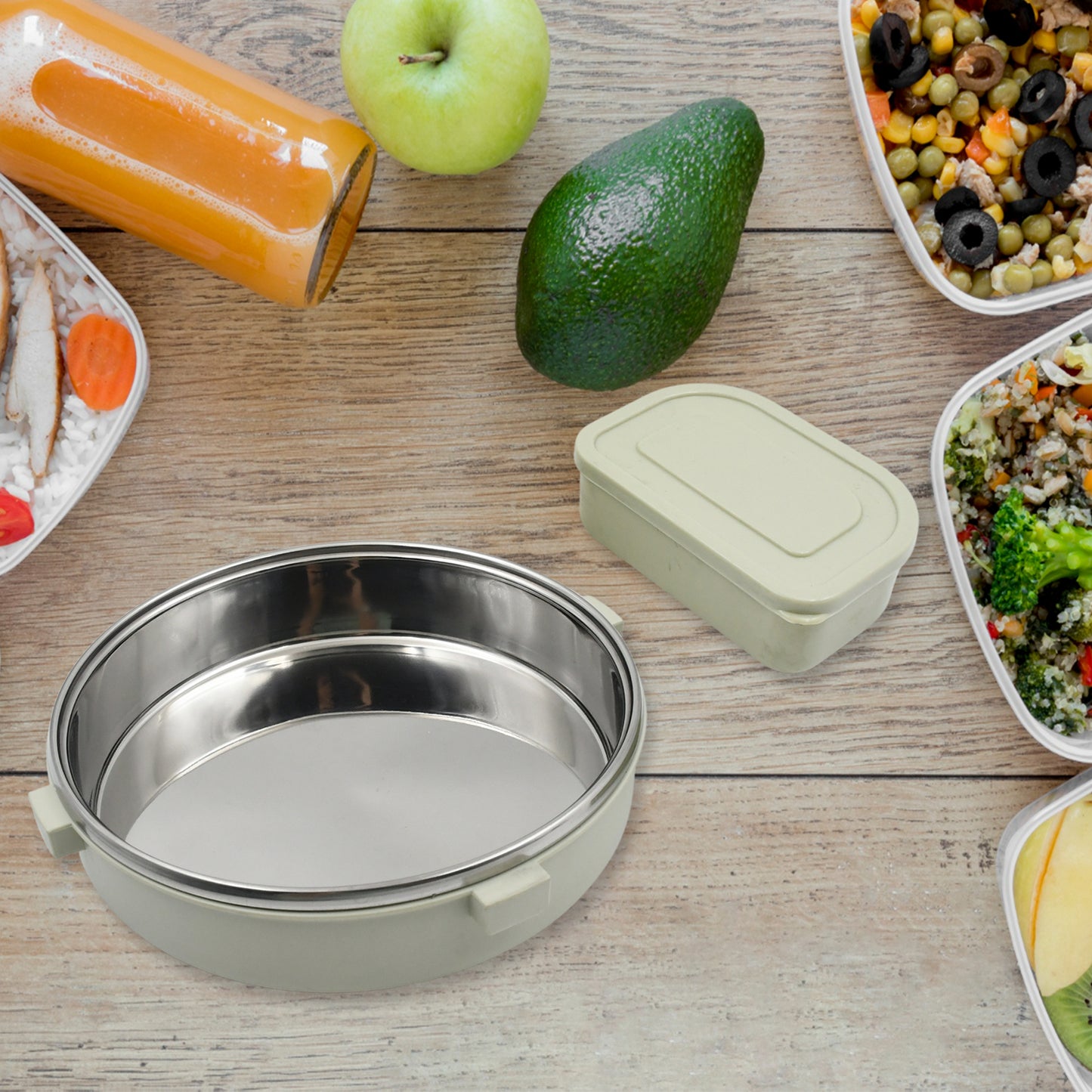 5584 Miracle Stainless Steel Round Lunch Box with Leak-Proof Lid & Plastic Insert – 450ML + 250ML - Zidbik