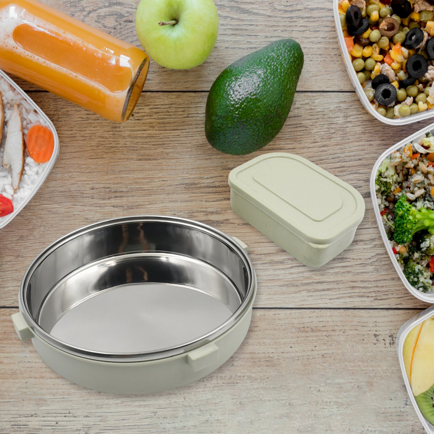 5584 Miracle Stainless Steel Round Lunch Box with Leak-Proof Lid & Plastic Insert – 450ML + 250ML - Zidbik