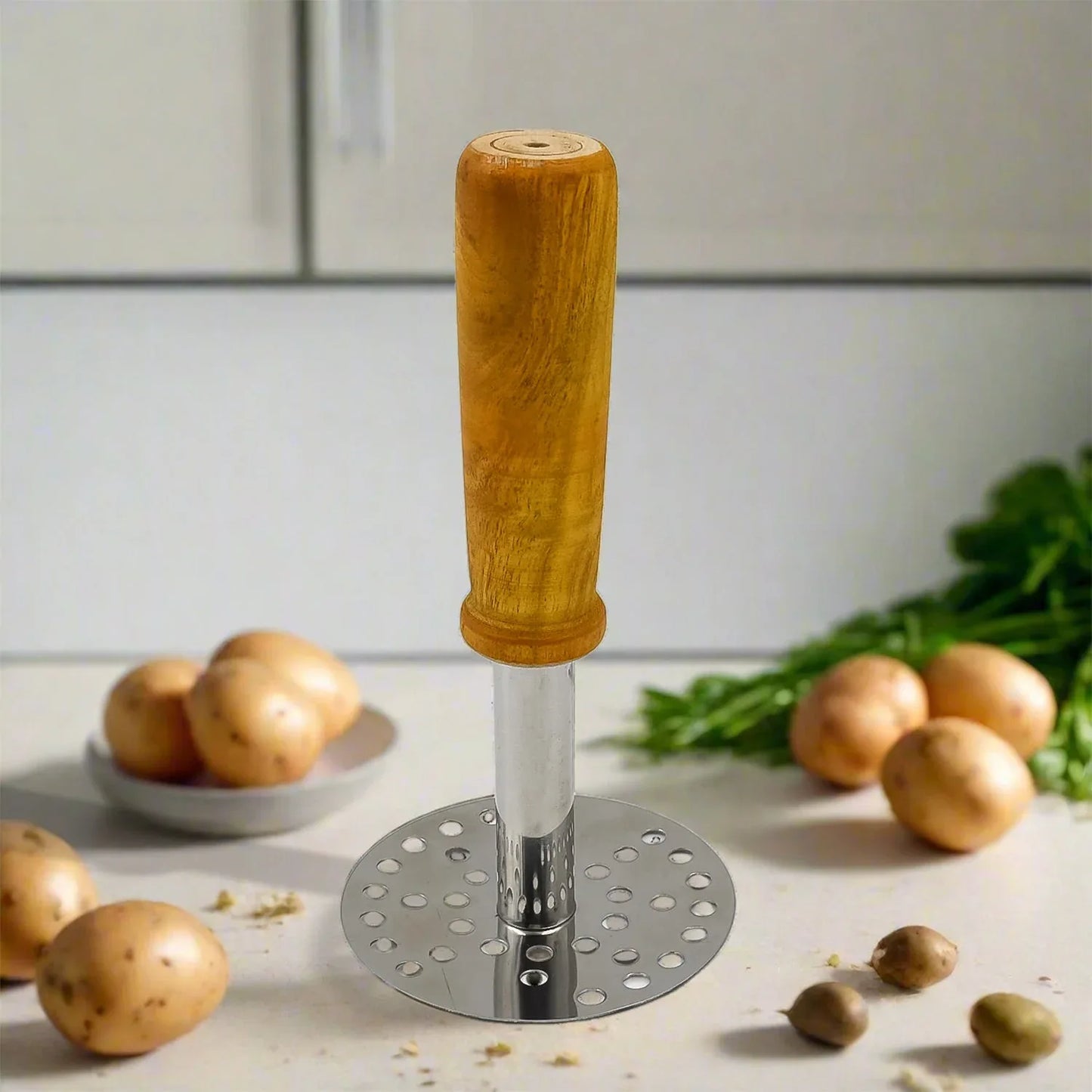 High Grade Stainless Steel Potato Masher Paubhaji Pav Bhaji Masher With Wooden Handle (1 Pc) - Zidbik