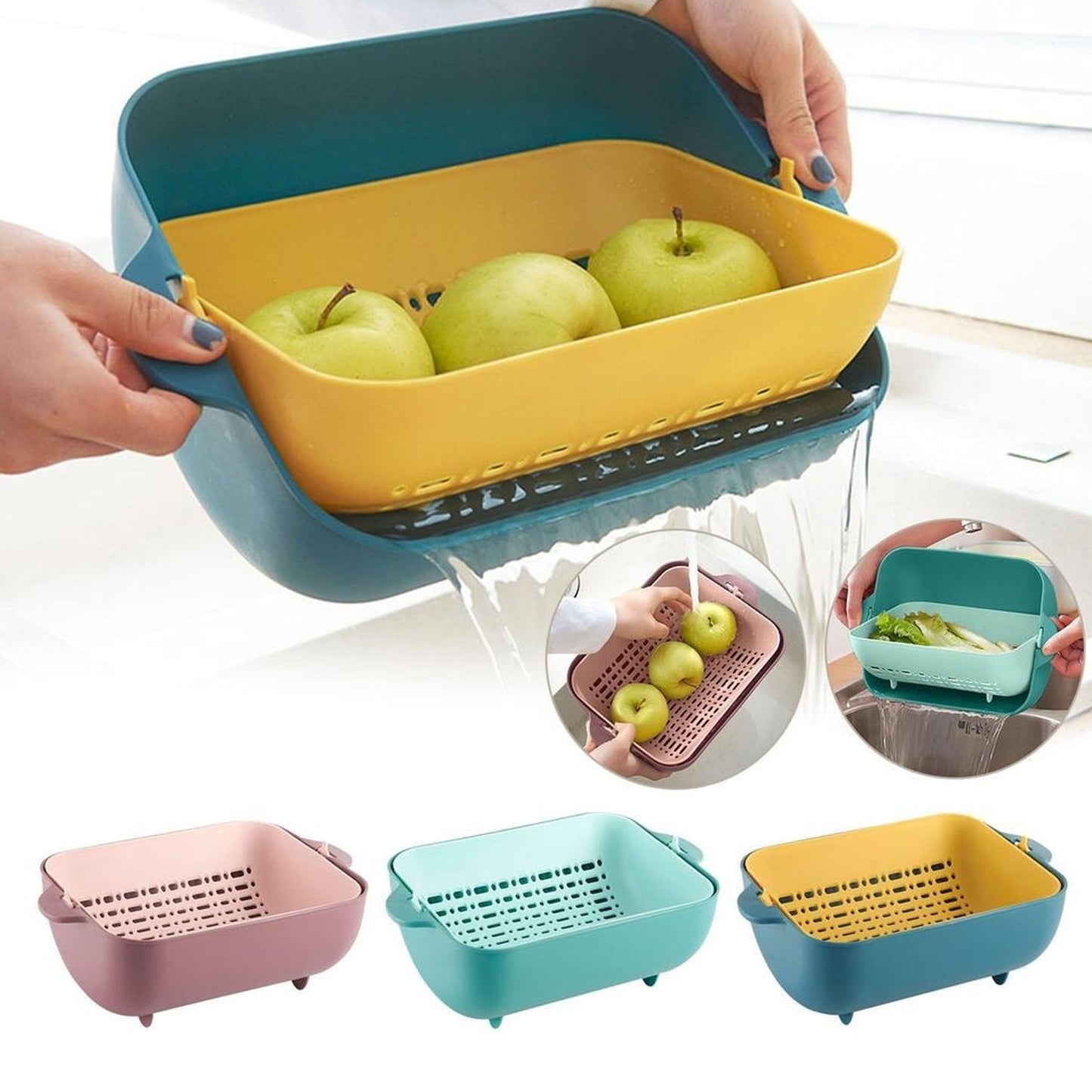 2717 Multifunctional Bpa Free Double Layered Plastic Rotatable Strainer Bowl With Handles For Washing Rinsing Serving Vegetables  Fruits (Multicolor) - Zidbik