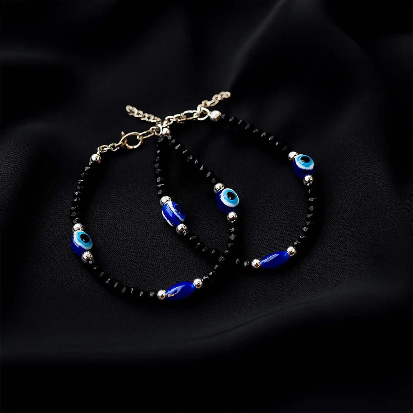 Adjustable Black Bead Evil Eye Protection Bracelet Set (2 Pc) - Zidbik