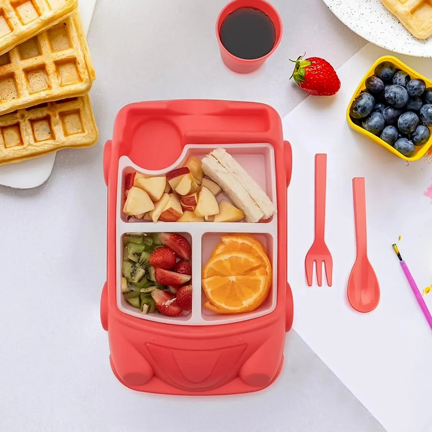Kids Car Shaped Plates Cup Lunch Box Dinnerware Set (4 Pcs Set 1000 Ml Lunch Box) - Zidbik