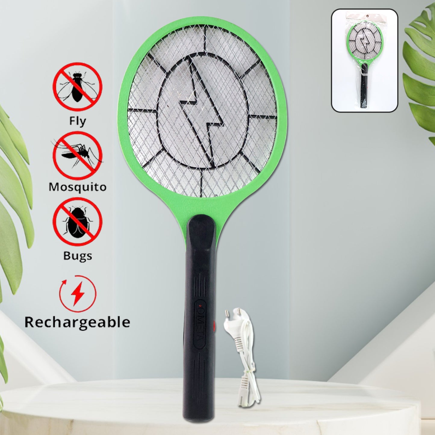 Green Rechargeable Electric Mosquito Killer Racket With Cable - Zidbik