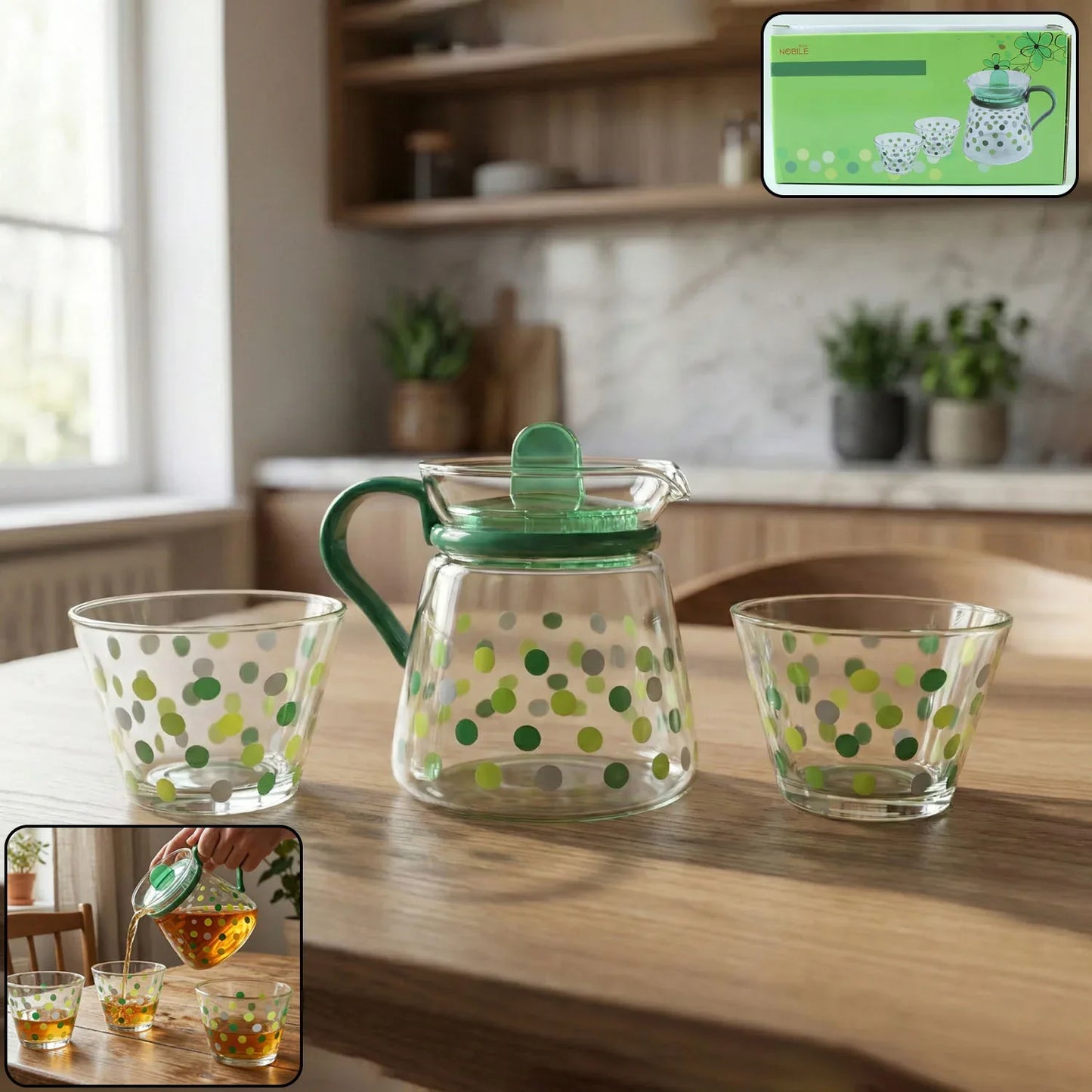 Elegant Glass Tea Pot With Matching Cups Set (1 Set) - Zidbik