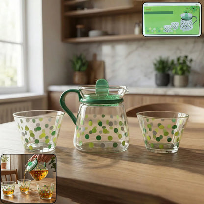 Elegant Glass Tea Pot With Matching Cups Set (1 Set) - Zidbik