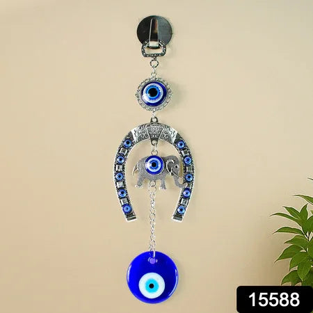 Decorative Evil Eye Hanging With Elephant And Horseshoe Motif Wind Chime (1 Pc) - Zidbik