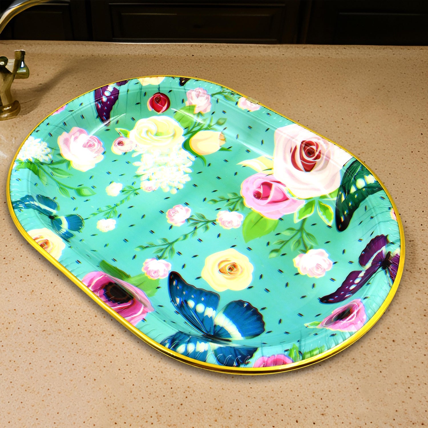Plastic Flower Printed Design Serving Tray (3 Pcs Set  Mix Color) - Zidbik