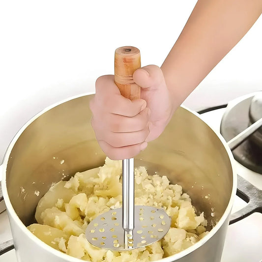 High Grade Stainless Steel Potato Masher Paubhaji Pav Bhaji Masher With Wooden Handle (1 Pc) - Zidbik