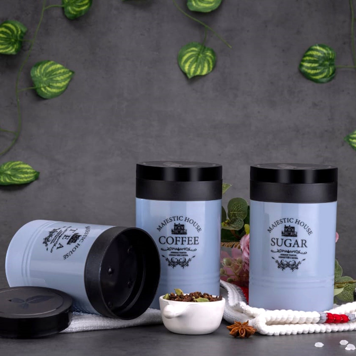 5766 Accurate Seal Tea Sugar Coffee Container - 3 Pcs Plastic Damru Shaped Tea Coffee Sugar Canisters Jar New Airtight Food Seal Containers For Salt Dry Fruit Grocery Multicolor (3 Pcs Set) - Zidbik