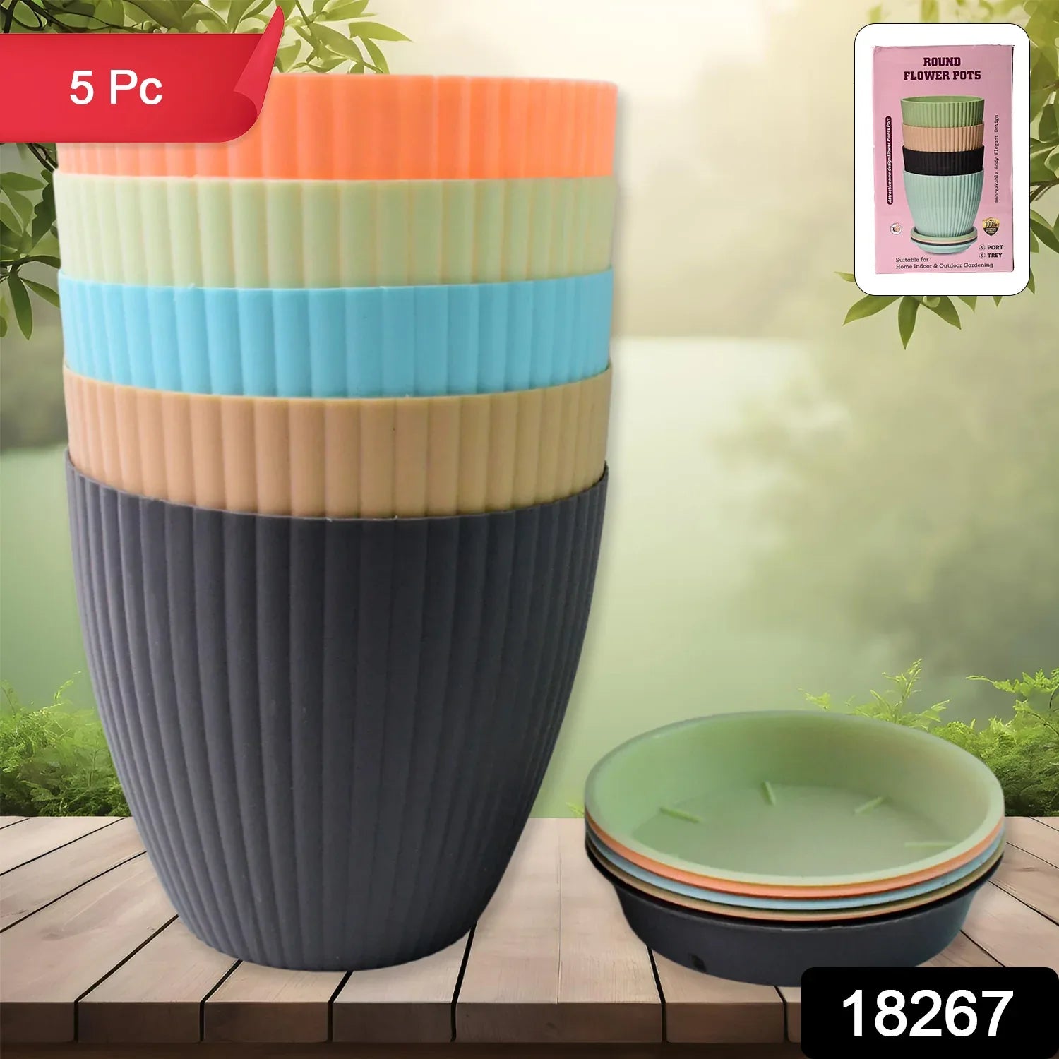 Plastic Flower Pot With Bottom Tray (5 Pcs Set) - Zidbik