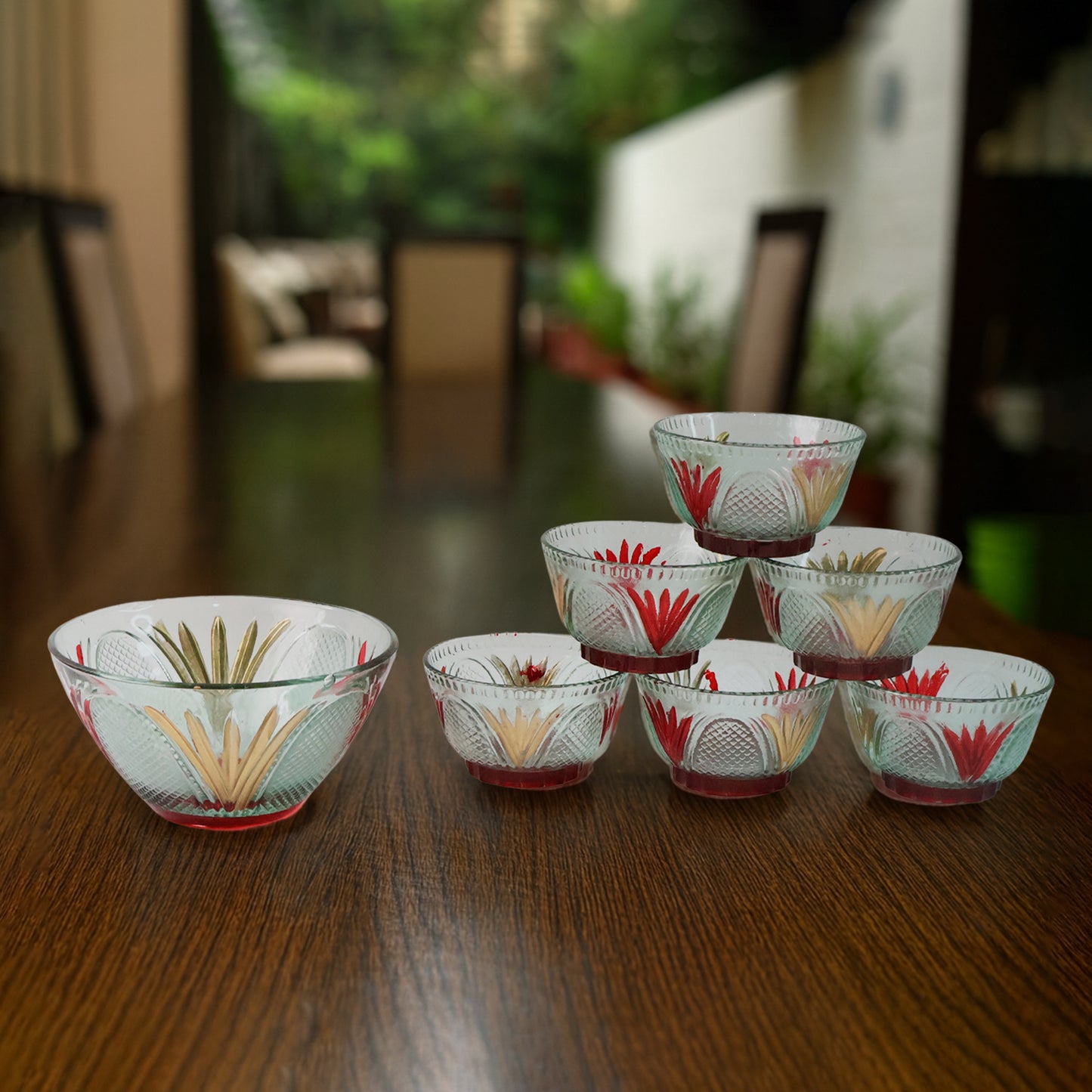 8234 Rose Glass Multipurpose Pudding  Dessert  Ice Cream Bowl Set For Home Use Home  Kitchen Serving Bowl For Sundae Sweets Snacks Fruit Pudding Nuts Or Dip Serving Bowls 6 Medium  1 Big Bowl (Set Of 7 Pc) - Zidbik