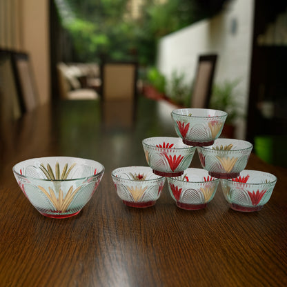 8234 Rose Glass Multipurpose Pudding  Dessert  Ice Cream Bowl Set For Home Use Home  Kitchen Serving Bowl For Sundae Sweets Snacks Fruit Pudding Nuts Or Dip Serving Bowls 6 Medium  1 Big Bowl (Set Of 7 Pc) - Zidbik