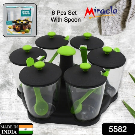 5582 Multipurpose 6 Piece Miracle Revolving Plastic Spice Container Rack With 6 Spoon Condiment Set Masala Rack Set Revolving Spice Rack Aachar Container Chutney Mukhwas Tray Masala Dining Spice Stand - Zidbik