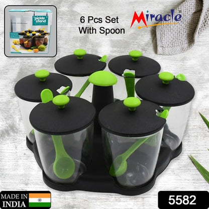 5582 Multipurpose 6 Piece Miracle Revolving Plastic Spice Container Rack With 6 Spoon Condiment Set Masala Rack Set Revolving Spice Rack Aachar Container Chutney Mukhwas Tray Masala Dining Spice Stand - Zidbik