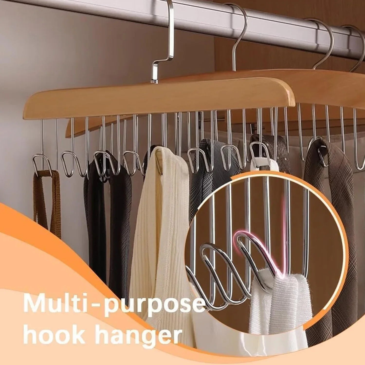 Space Saving 8 Hooks Wooden Hangers (Hanging Hook Included 1 Pc) - Zidbik