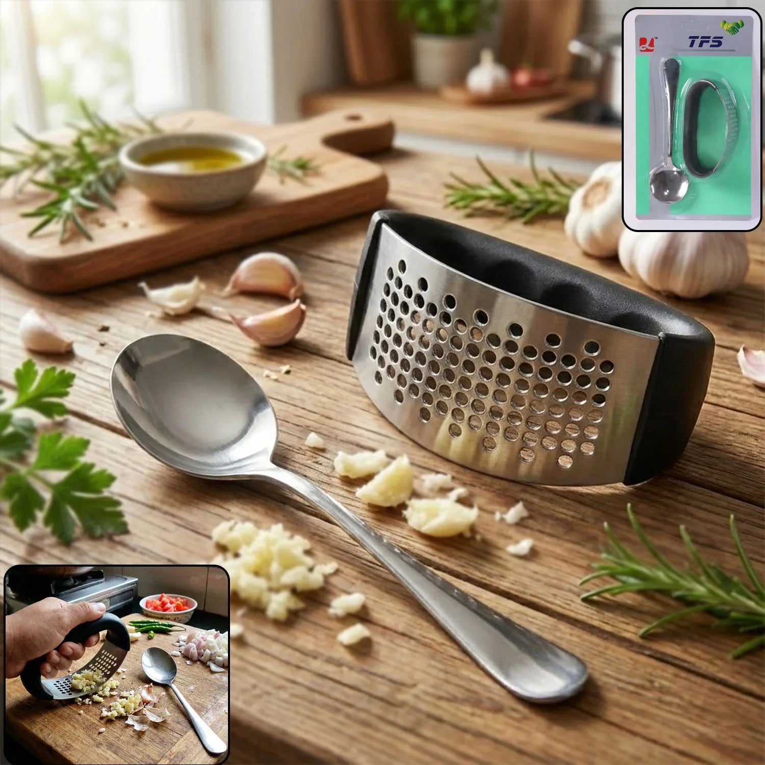 Heavy-duty Garlic Press Tool With Spoon Set (2 Pc Set) - Zidbik