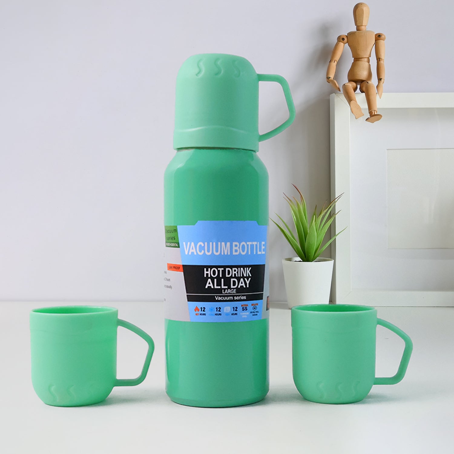 Green Vacuum Flask Set  Stainless Steel Thermos With 3 Cups Approx 500ml - Zidbik