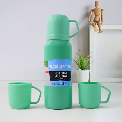 Green Vacuum Flask Set  Stainless Steel Thermos With 3 Cups Approx 500ml - Zidbik