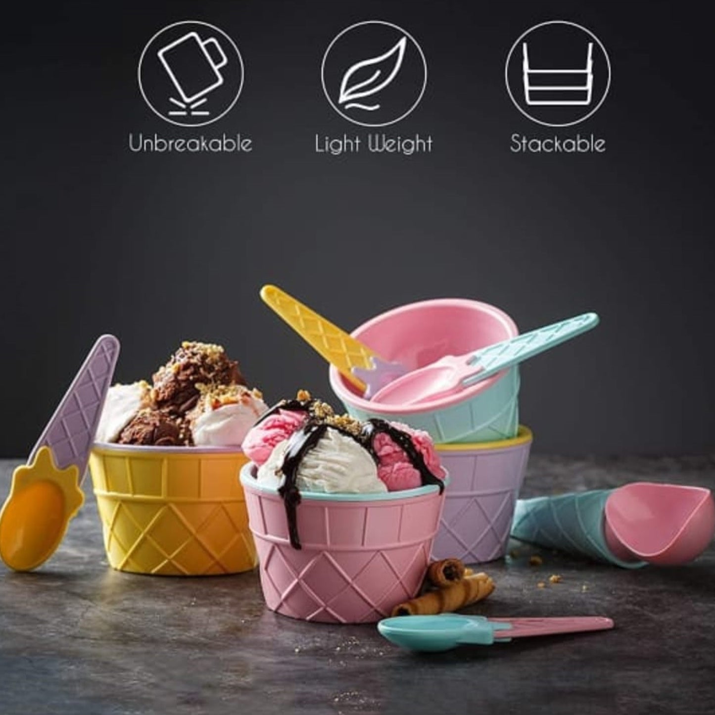 5322 Ice-cream Waffle Spoon Bowel Cup Set  Premium Ice Cream Set  Ice-cream Bowel With Spoon  6 Units Couple Bowl Set  Color Box - Zidbik
