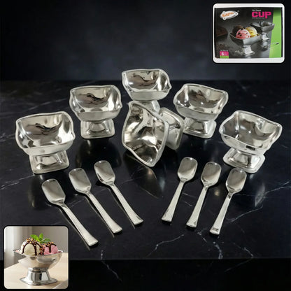 Premium Stainless Steel Ice Cream Cup With 6 Spoon Set (6 Pc Set) - Zidbik