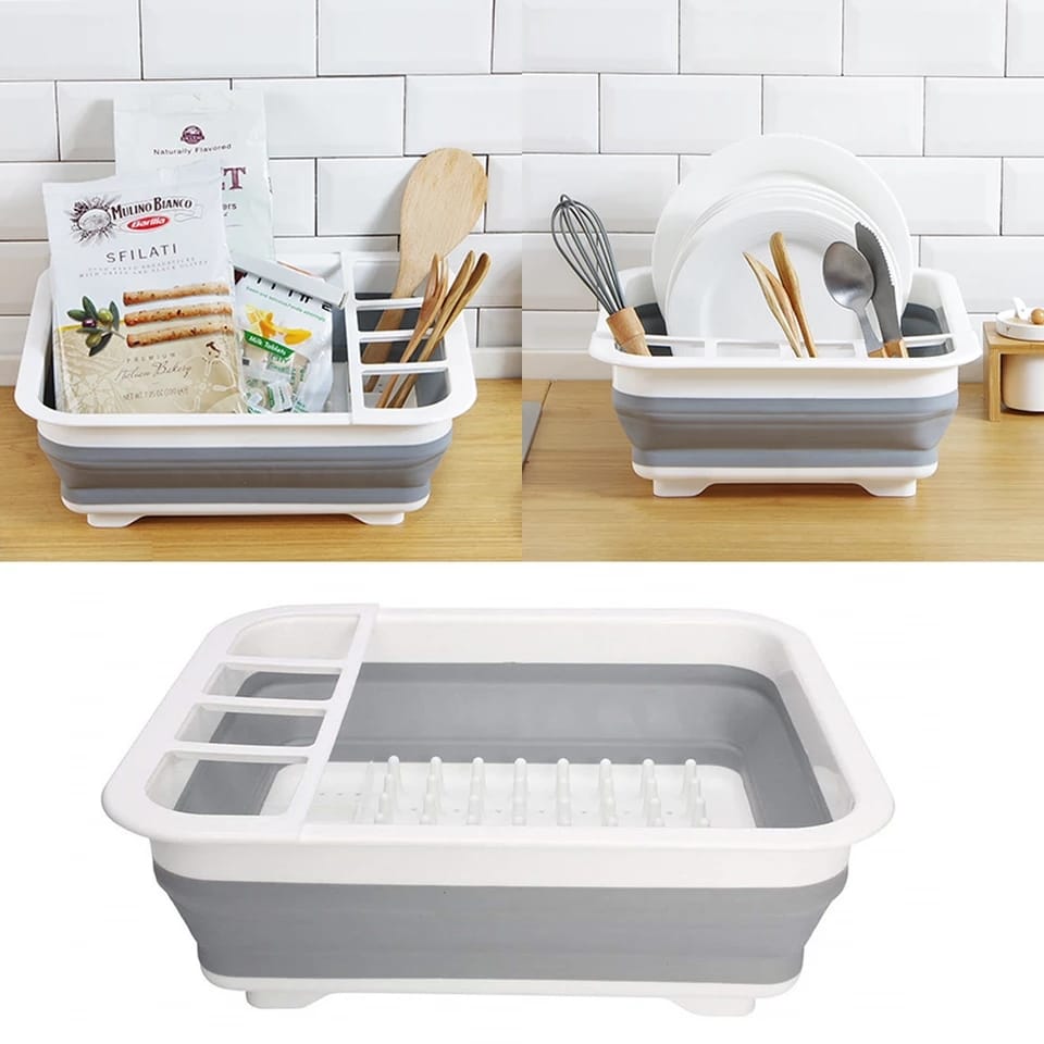 0804 Collapsible Folding Silicone Dish Drying Drainer Rack With Spoon Fork Knife Storage Holder - Zidbik