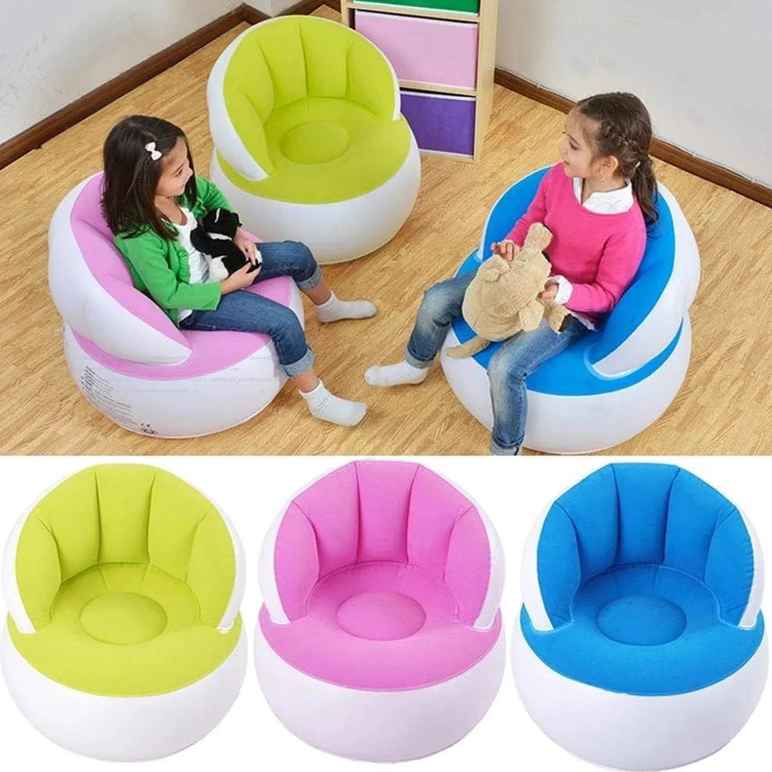 Kids Inflatable Sofa Chair With Backrest Foot Air Pump With Hose (1 Set 85x74 Cm Approx) - Zidbik
