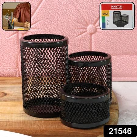 Khyati Trio Metal Mesh Pen Stand 3-in-1 Round Desk Organizer Set - Zidbik