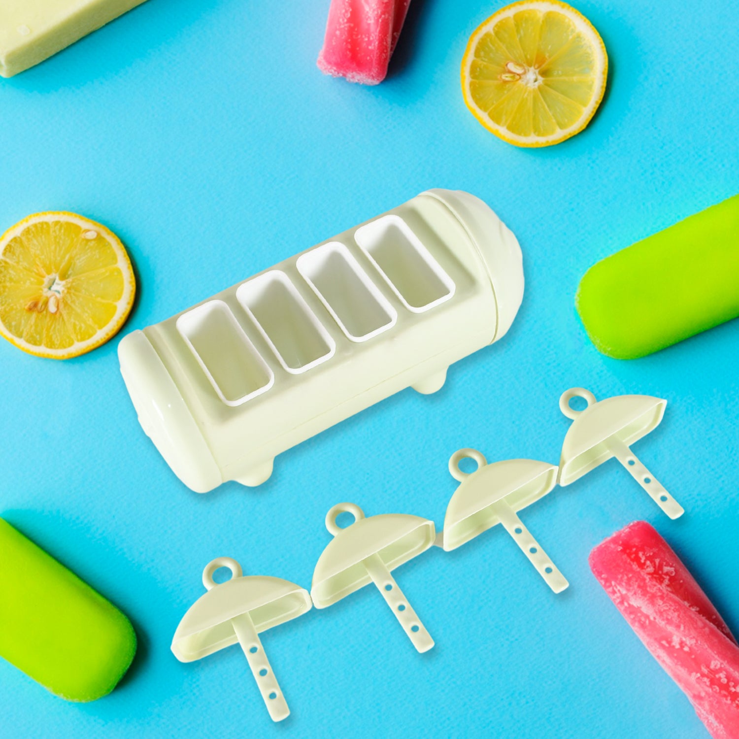 5596 Cartoon Shape Mold Ice Candy Popsicle Mold Ice Plastic Ice Candy Maker Kulfi Maker Molds Set With 4 Cups (1 Pc  Multicolor) - Zidbik
