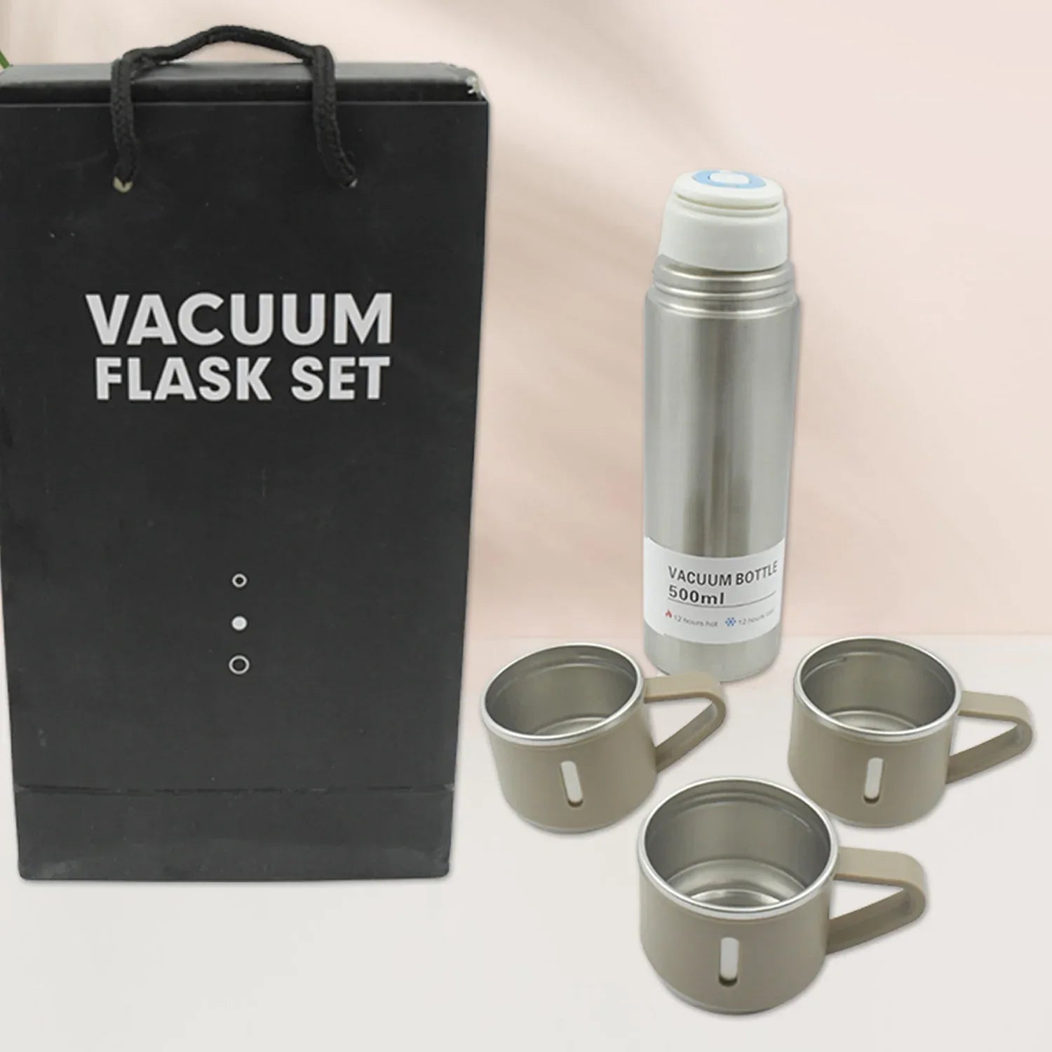 2834 Stainless Steel Vacuum Flask Set With 3 Steel Cups Combo For Coffee Hot Drink And Cold Water Flask Ideal Gifting Travel Friendly Latest Flask Bottle. (500ml) - Zidbik