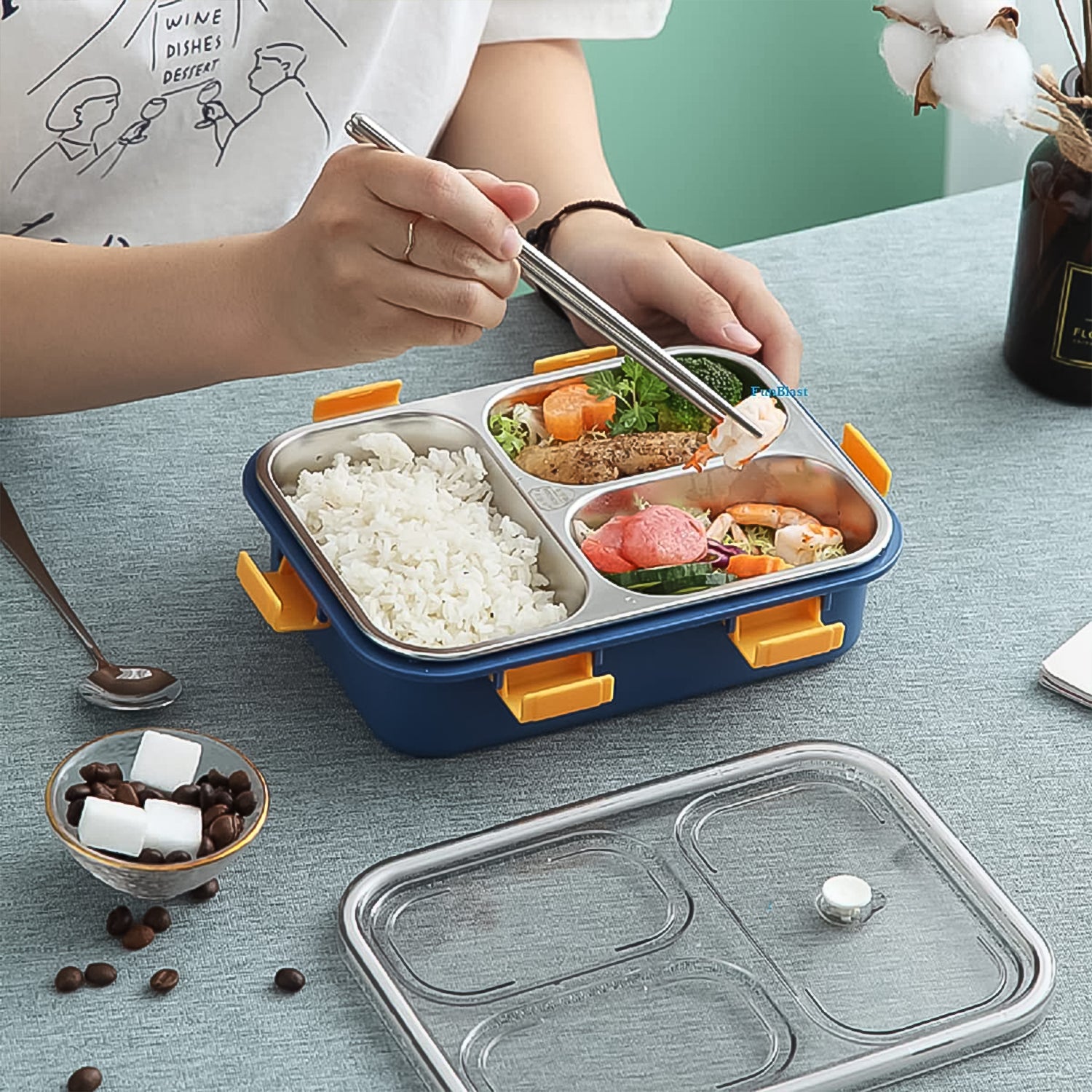 3 Compartment Transparent Stainless Steel Lunch Box With A Spoon And A Pair Of Chopsticks (1 Set) - Zidbik