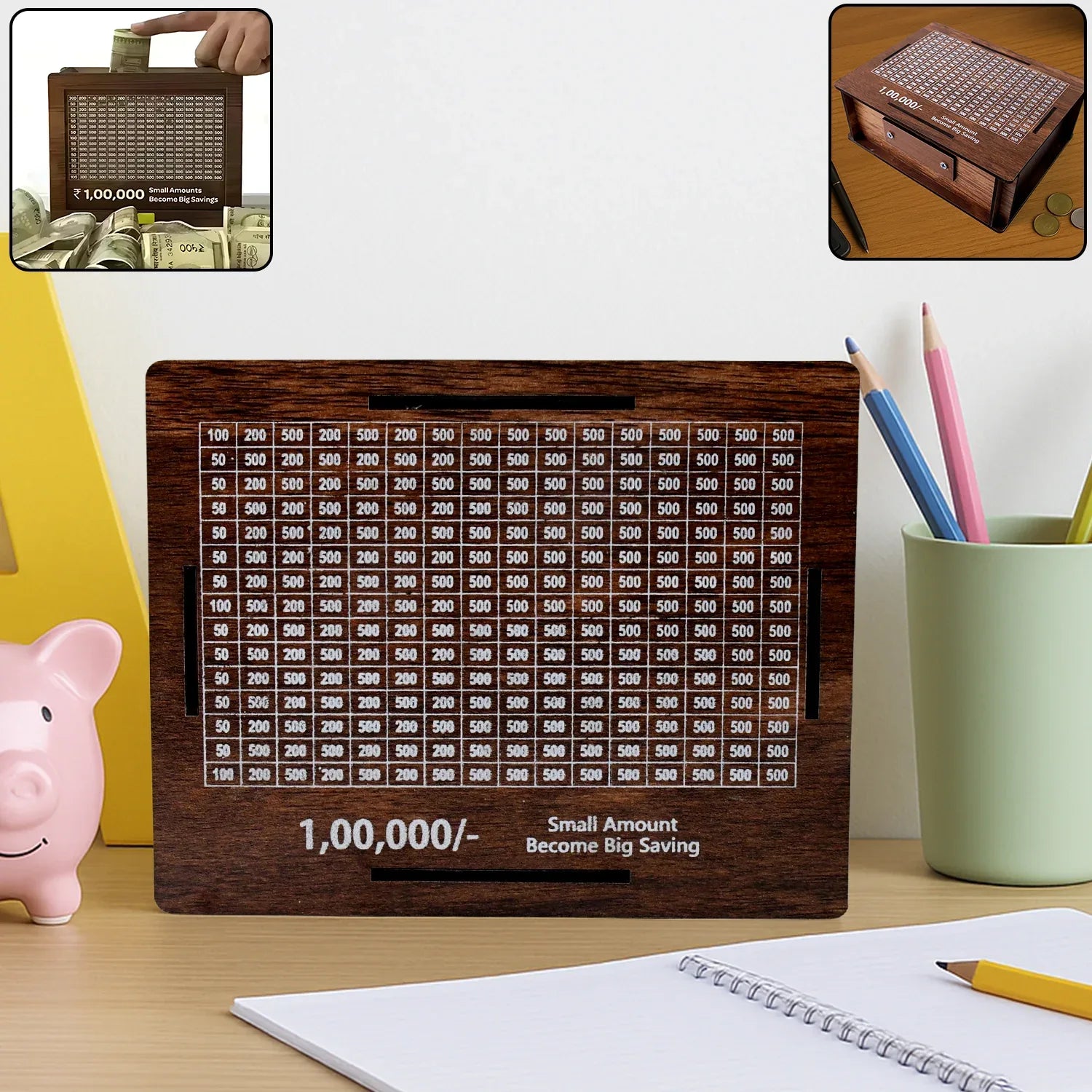 Wooden Money Piggy Bank Money Box (1 Pc With Marker Pen) - Zidbik