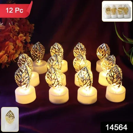 Decorative Golden Leaf Shaped Flameless Led Candles (12 Pc) - Zidbik