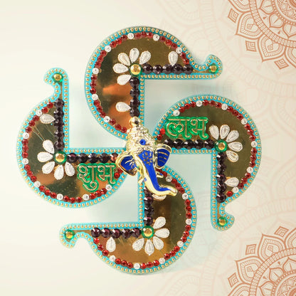 Golden Swastik Shubh Labh Wall Hanging With Ganesh Idol (1 Pc) - Zidbik