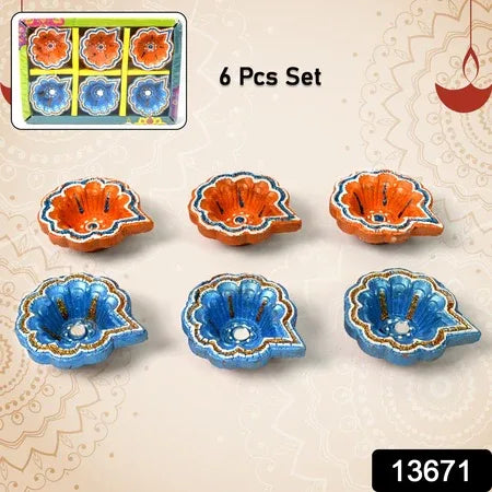Decorative Hand Painted Clay Puja Diya For Diwali Handmade Diya (6 Pcs Set) - Zidbik