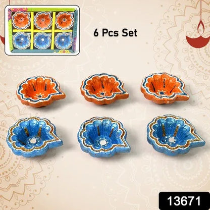 Decorative Hand Painted Clay Puja Diya For Diwali Handmade Diya (6 Pcs Set) - Zidbik