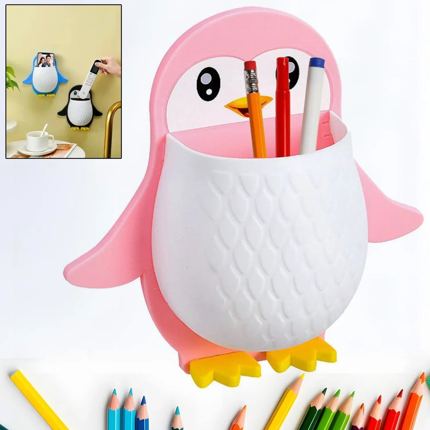 17688 Penguin Storage Box Adhesive Remote Case Electric Toothbrushes Holder Universal Controller Holder Wall Nightstand Office Plastic Wall Mount - Zidbik