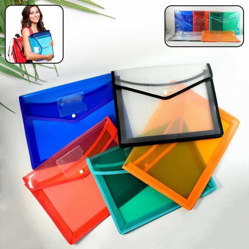 Transparent Document File Folder Multi-color Button Closure File Bags (1 Pc Mix Color) - Zidbik