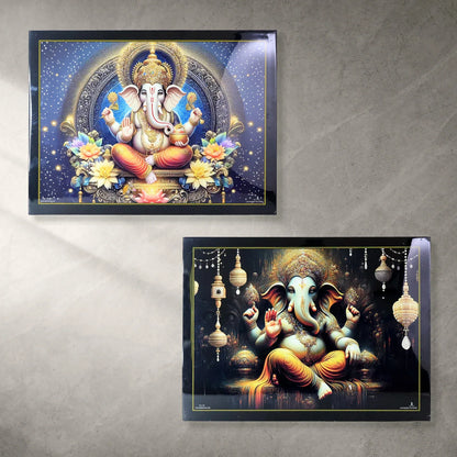 Divine Lord Ganesha Wall Painting With Wooden Frame Mix Design 60x45 Cm Approx (1 Pc) - Zidbik