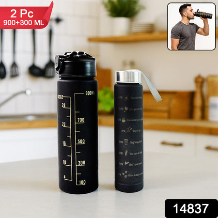 2 Pc Premium Black Motivational Water Bottle Set (900 Ml + 300 Ml) - Zidbik