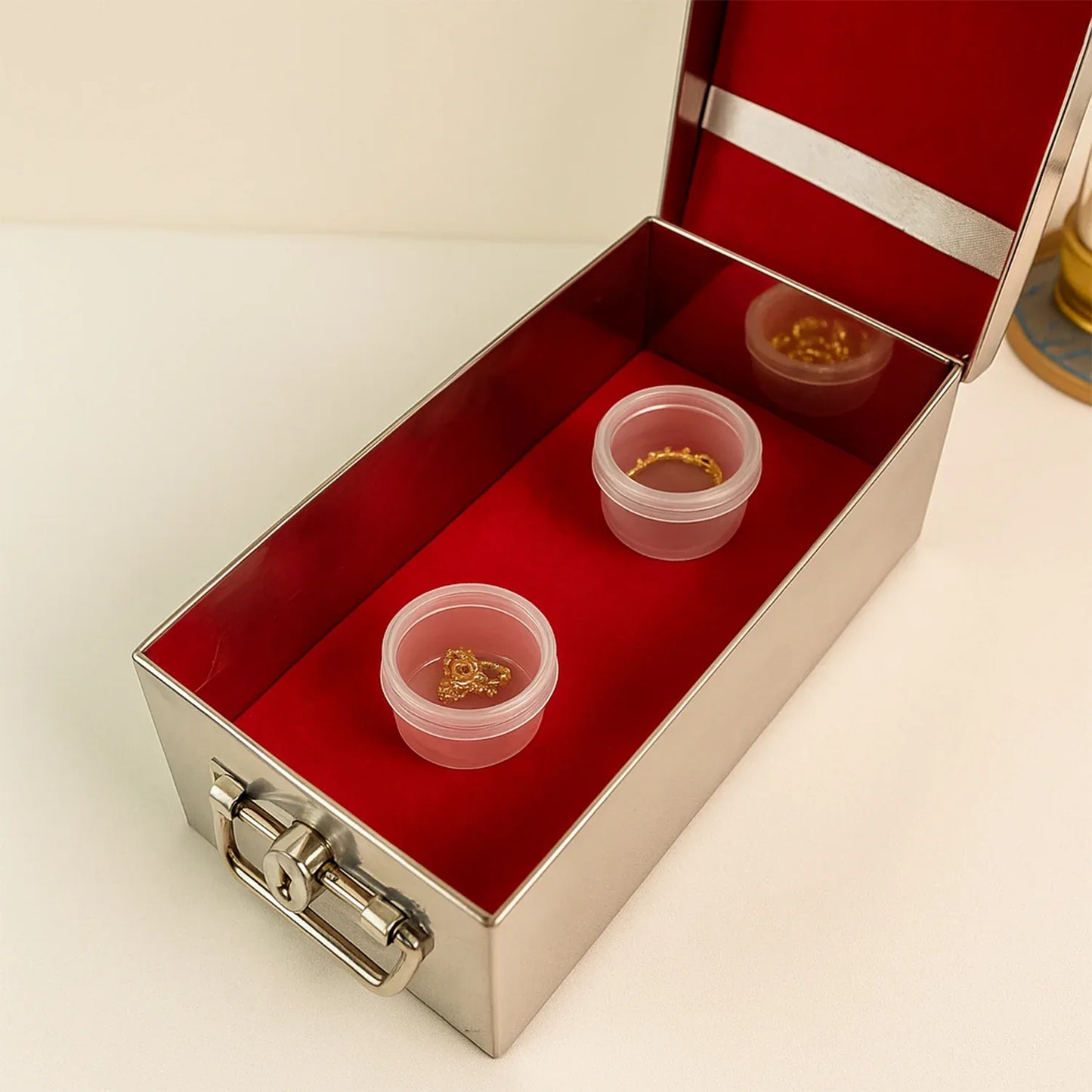 Premium Stainless Steel Velvet Lined Jewellery Storage Box With Lock And Red Interior - Zidbik