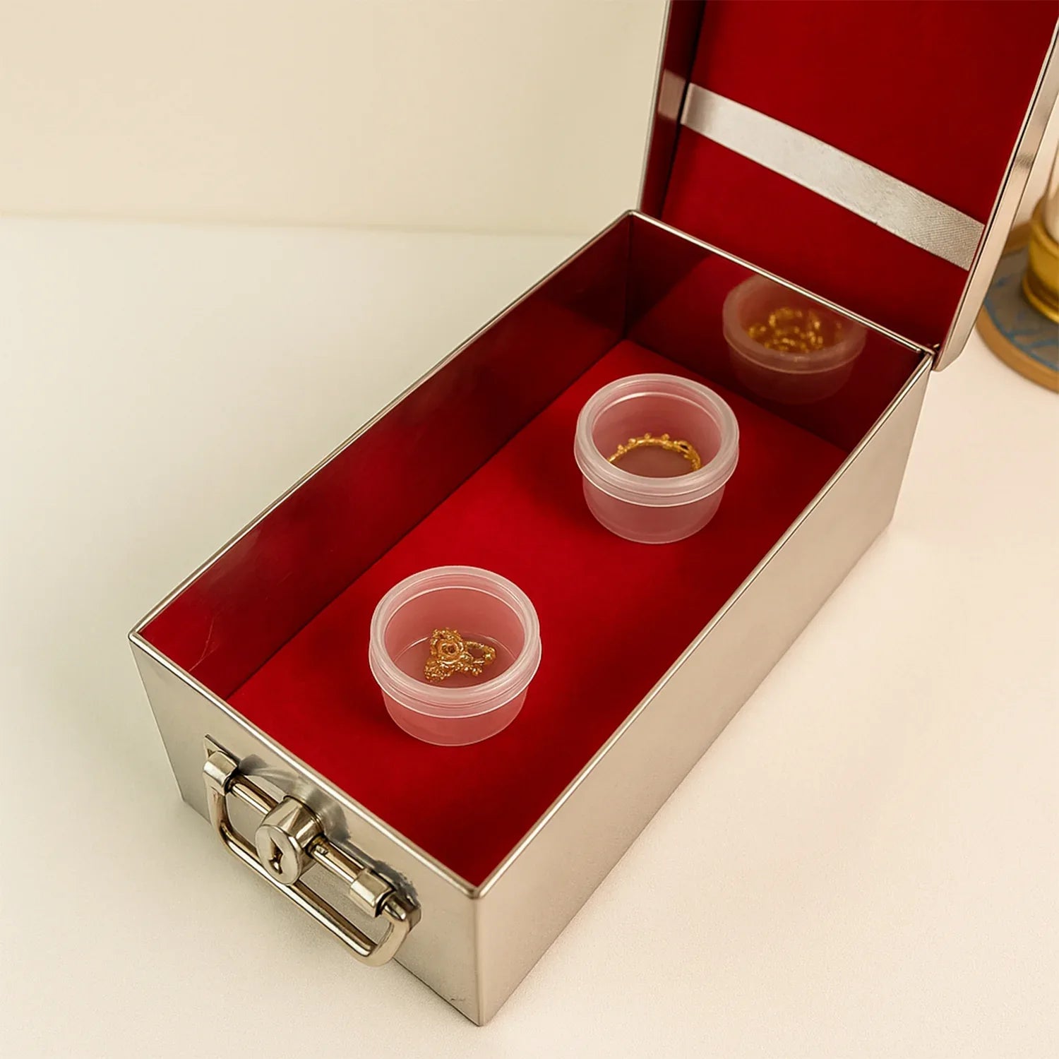Premium Stainless Steel Velvet Lined Jewellery Storage Box With Lock And Red Interior - Zidbik