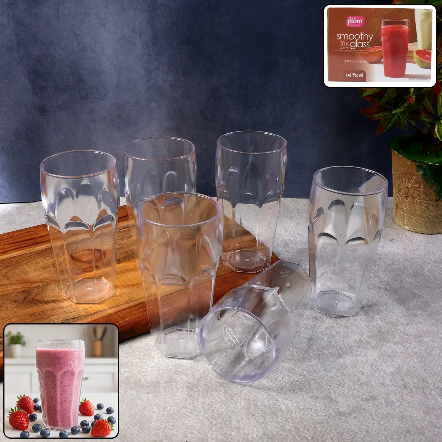 Supermom Transparent Smoothy Glass Set (Approx 300ml 6 Pc) - Zidbik
