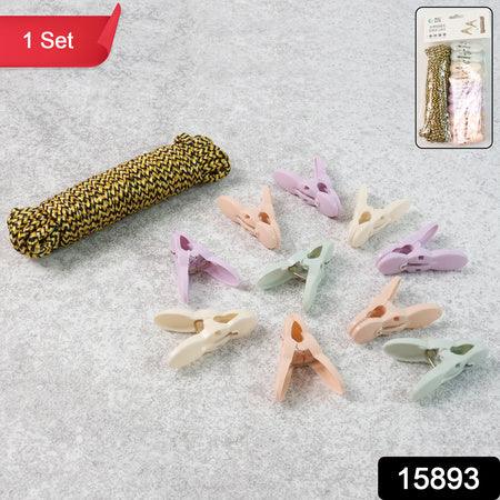 Clothes Drying Rope With Multipurpose Cloth Clips (1 Set) - Zidbik